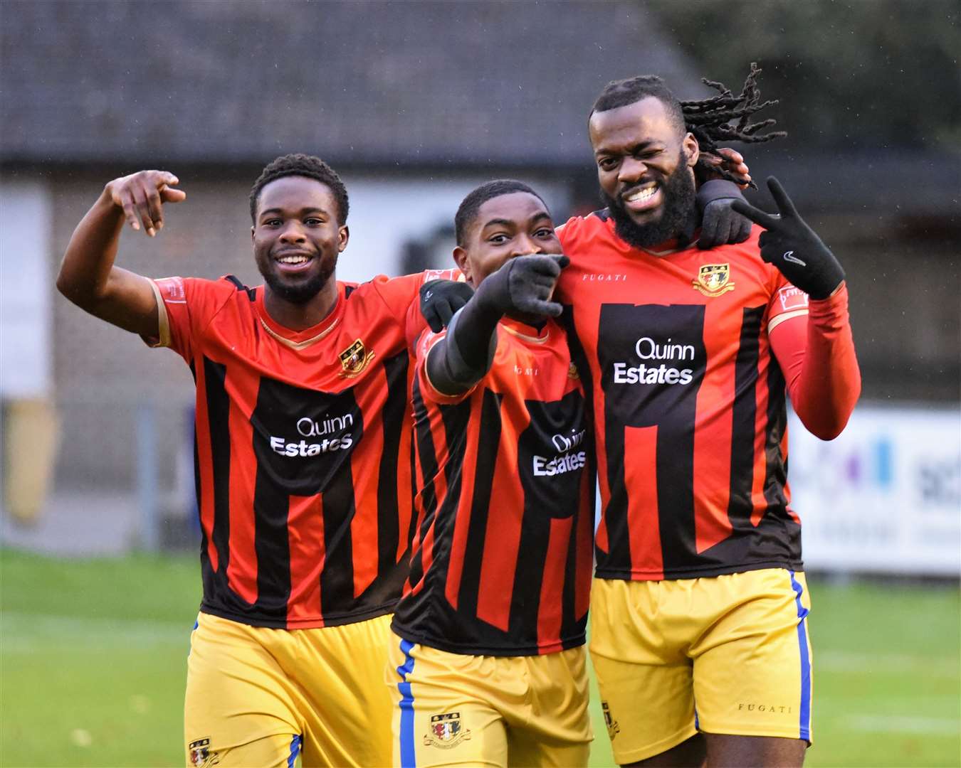 Sittingbourne striker Duane Ofori-Acheampong, right, celebrates at East Grinstead Picture: Ken Medwyn