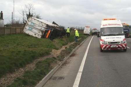 The overturned lorry in Bells Lane at Hoo. Picture: MIKE MAHONEY