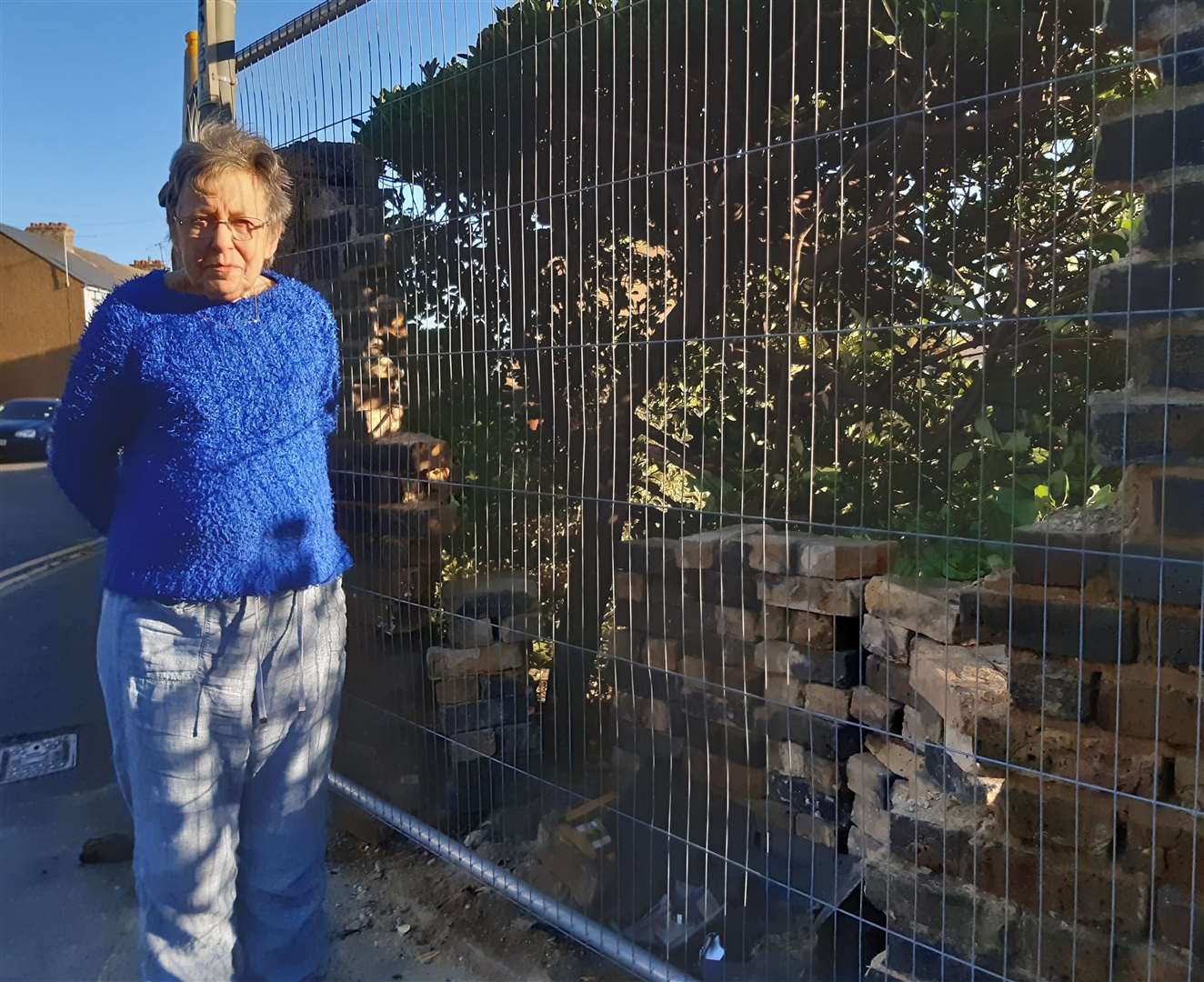 Pensioner Ann Taylor with the damaged wall opposite her property