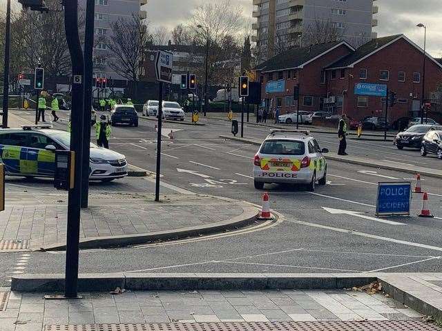 Police have closed the road around The Brook, Union Street and New Road and have warned of long delays after the crash in Chatham