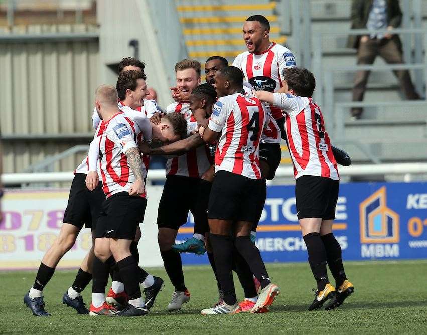 Jahmal Howlett-Mundle (no.4) celebrates with his Sheppey teammates Picture: PSP Images (55988950)