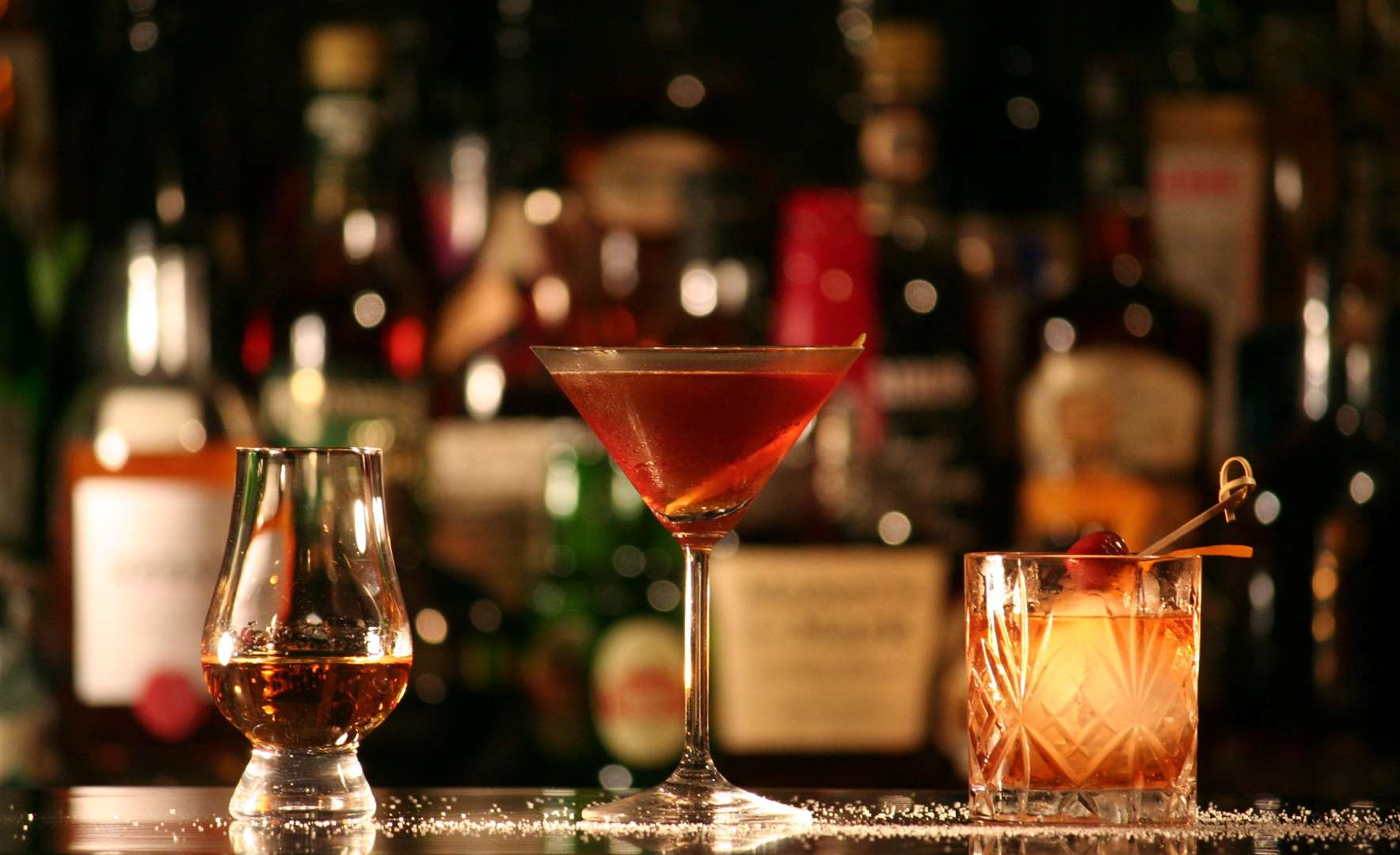Cocktails stock image. Rum, Manhatten and a Tequila Old Fashioned. Credit: Wikimedia Commons, Cocktailmarler (7630033)