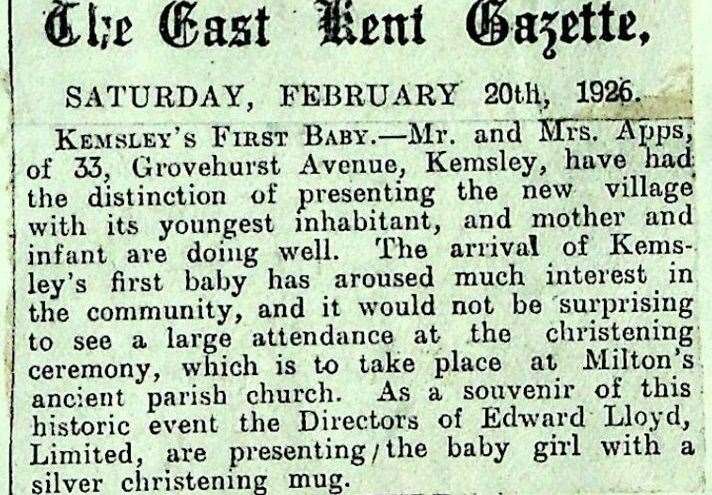 The announcement of Phyllis Apps’ arrival in the East Kent Gazette of January 1926