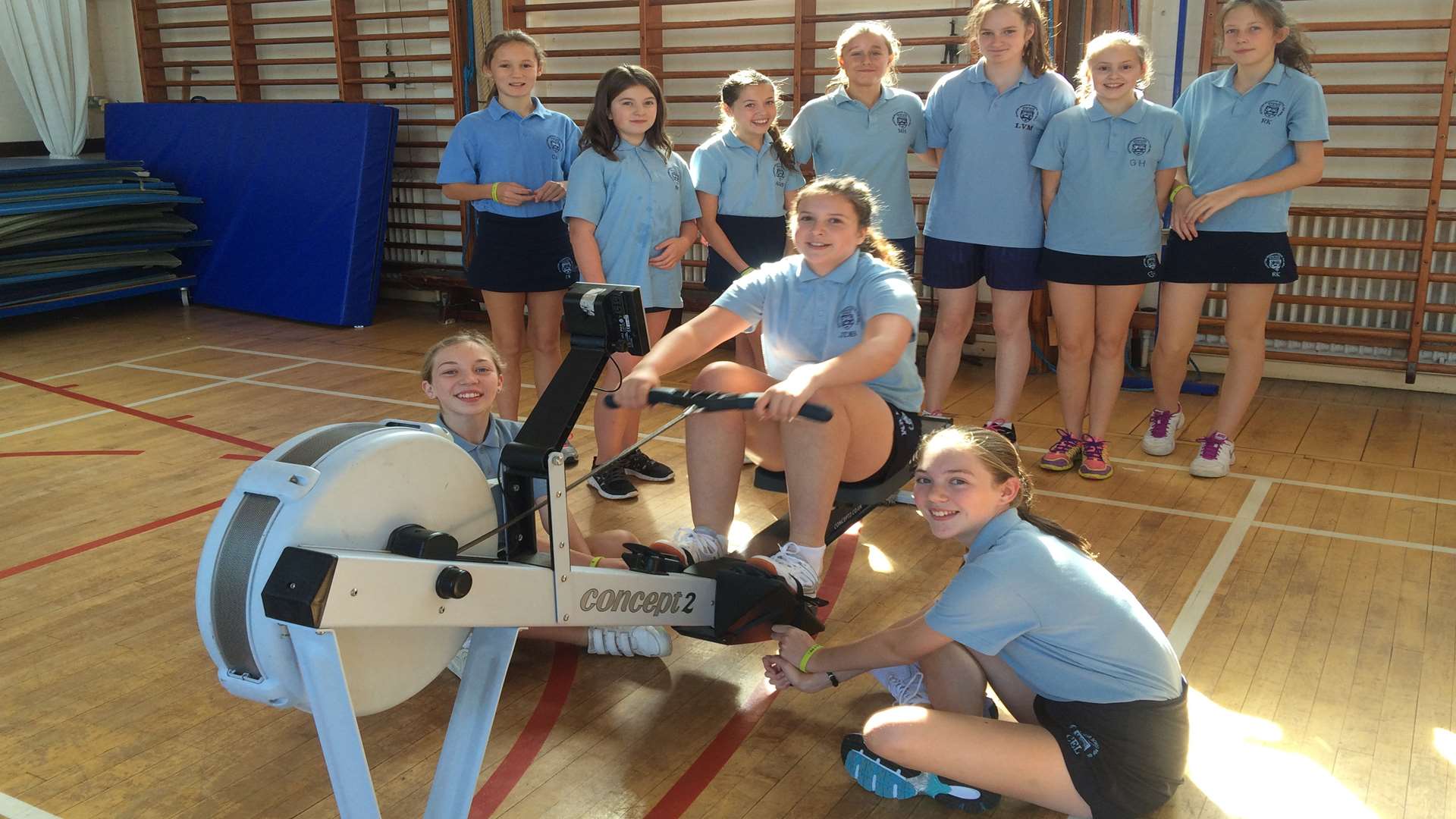 MGGS pupils taking up the challenge: (standing) Charlotte Withers, Freya Eales, Anna Sheldrake, Madeline Hall, Lian Mills, Gracie Hammond, Rachael Kemsley. Front row Madison Copping, Emma Weal (on the rowing machine), and Connie Lamplugh.