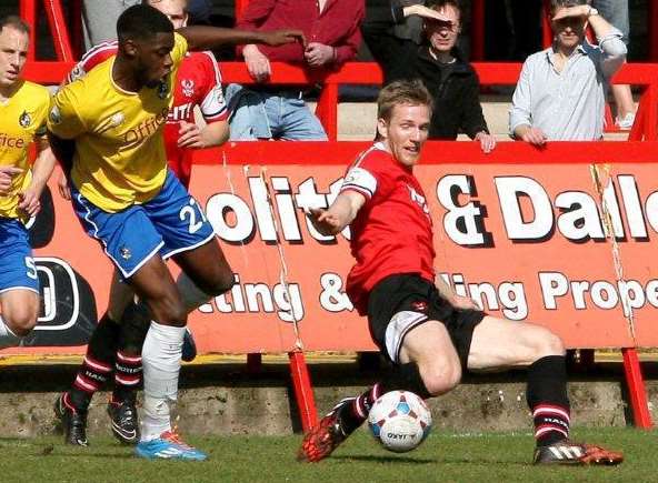 Dover's new signing Jamie Grimes,right, in action for Kidderminster this season Photo: Bob Hill