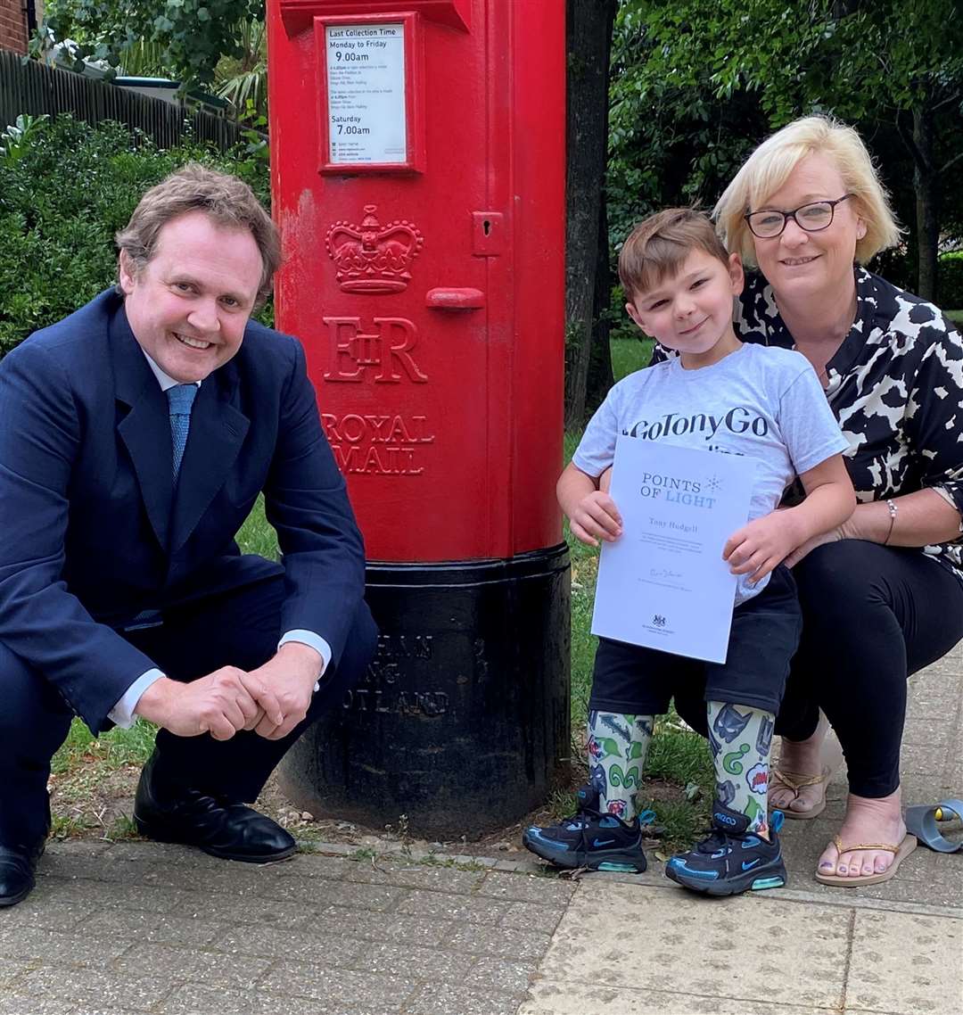 Tony Hudgell with Tonbridge and Malling MP, Tom Tugendhat, and his mum, Paula Hudgell. Picture: Tom Tugendhat