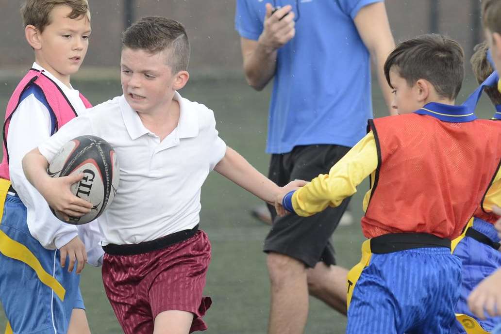 Action from the Eastchurch v Iwade match at the Sheppey primary schools tag rugby tournament held at the Oasis Academy, Minster