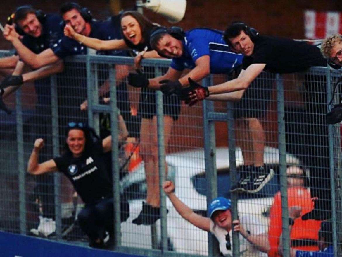 She fell off the pitwall while celebrating the win. Picture: Instagram @djsowright