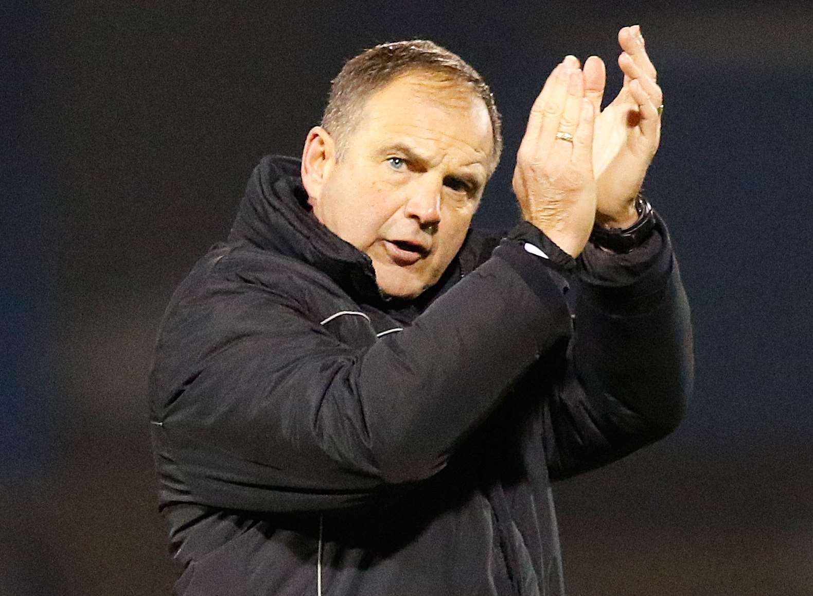 Gillingham boss Steve Lovell applauds the fans after Saturday's win over Rochdale Picture: Andy Jones