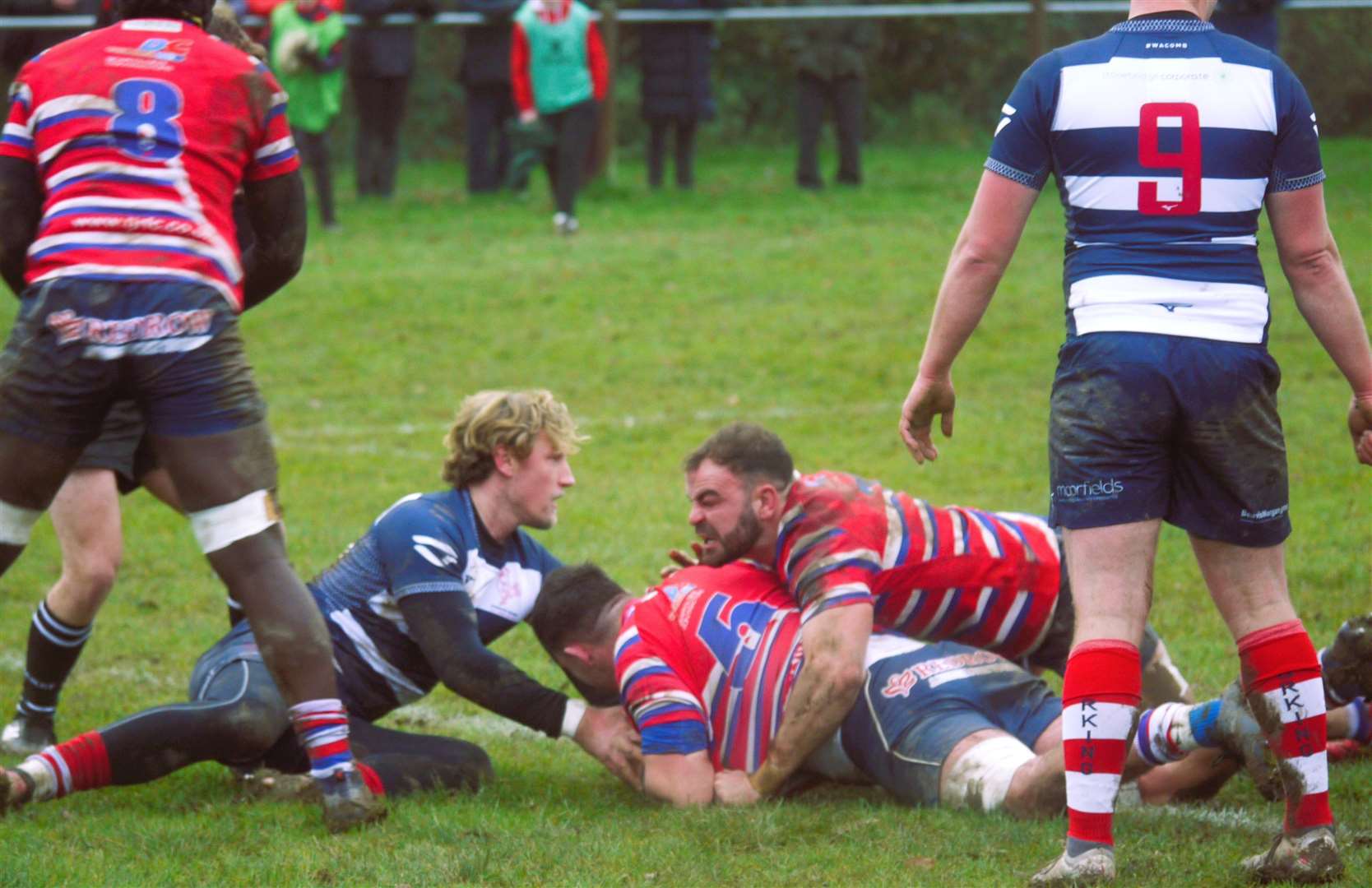 Juddians' Charlie Self scores against Dorking. Picture: Adam Hookway