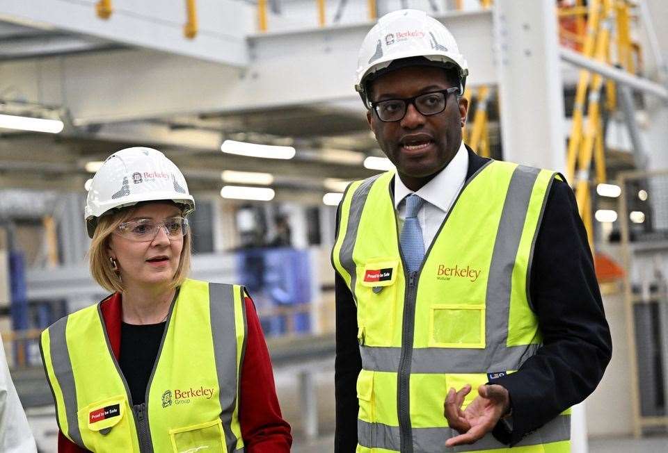 Former Prime Minister Liz Truss and Chancellor of the Exchequer Kwasi Kwarteng visit Berkeley Modular, in Northfleet. Picture: REUTERS/Dylan Martinez/Pool