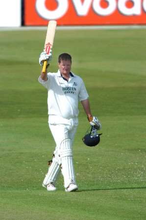 Rob Key celebrates his century stand at Tunbridge Wells. Picture by Matthew Walker