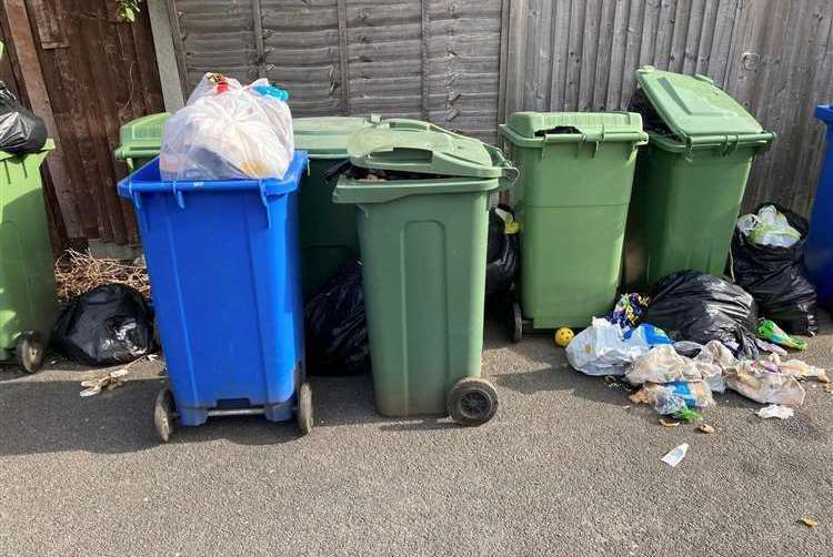 Bins have been piling up across Swale, including at the back of Harris Gardens in Sittingbourne. Picture: Jess Bond