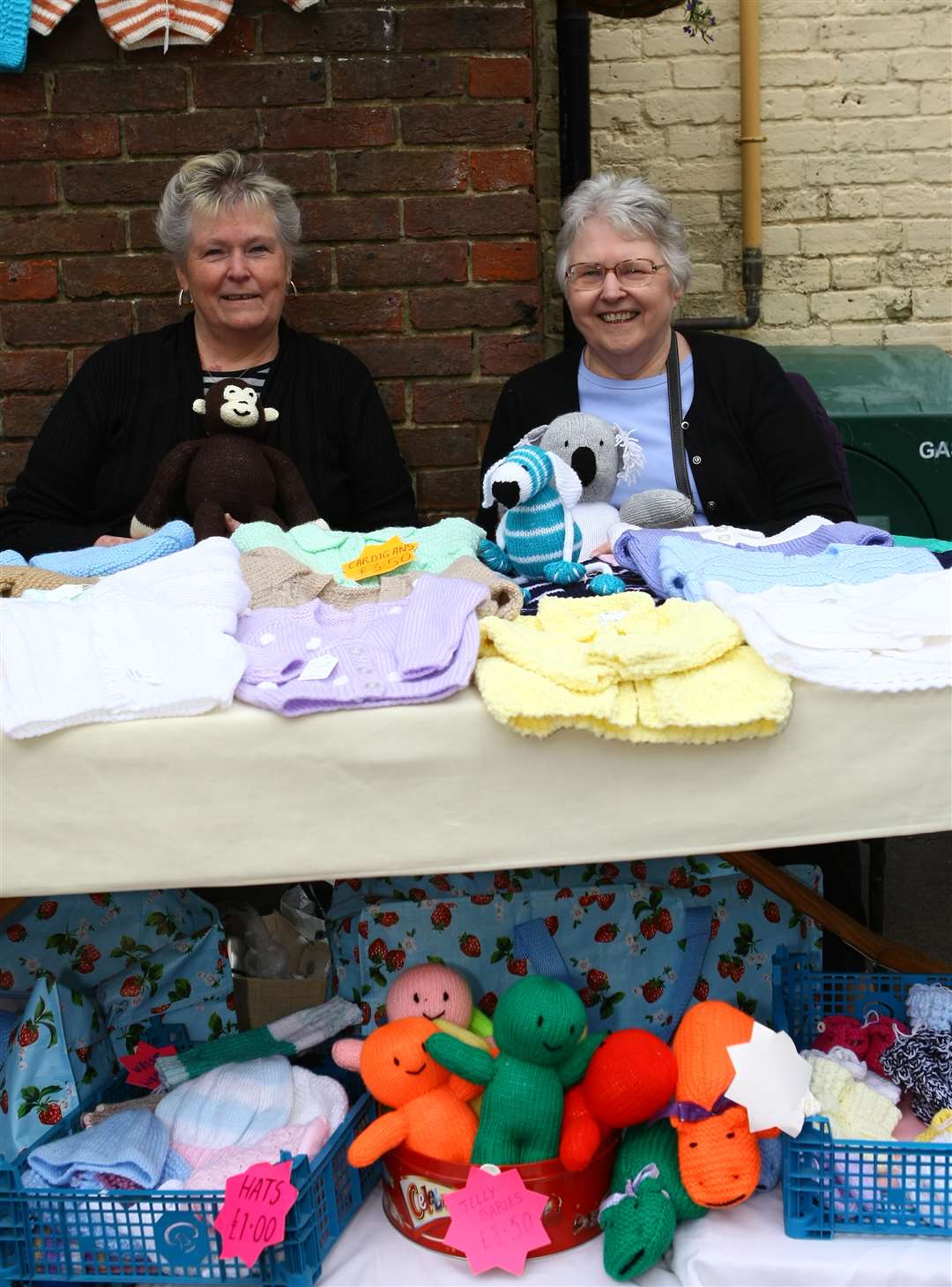 Julie Hawkins and Joan Mosleigh on the knitting stall
