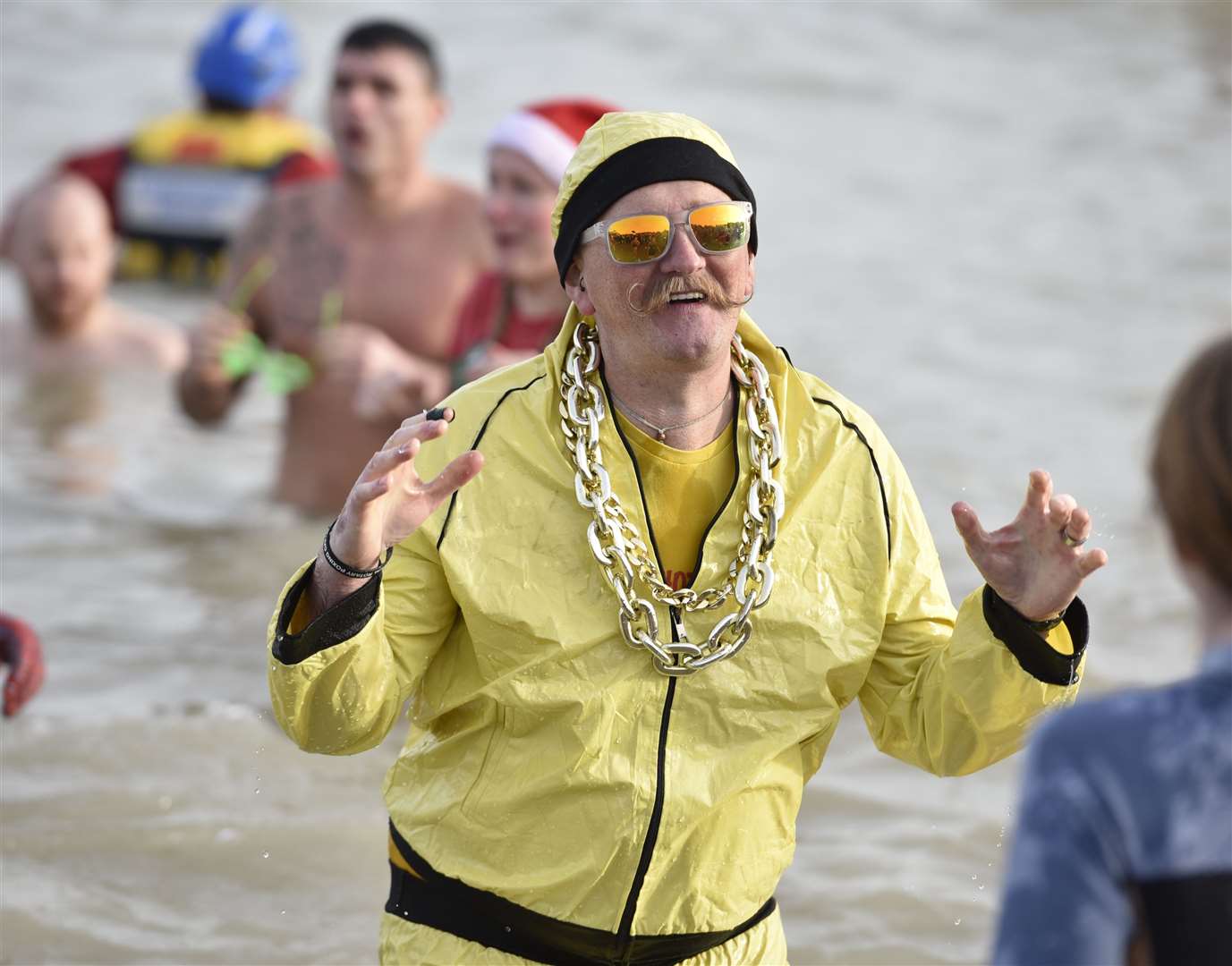 It’s goooooold – or should that be cold. Goldmember from Austin Powers braves the freezing water in Deal. Picture: Carol Fenton/The Unofficial Photographer
