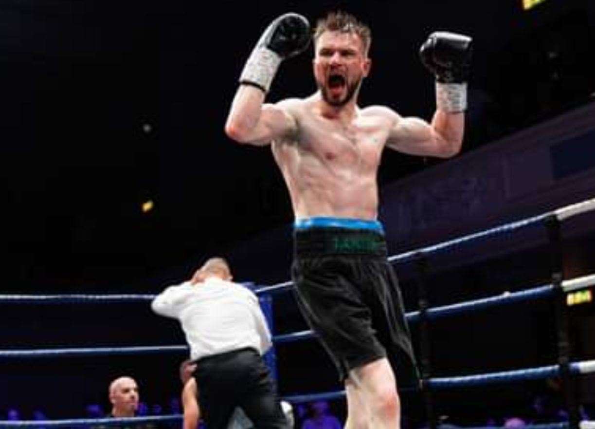 Louis Greene celebrates his last title defence victory Picture: Kynock-boxing.com