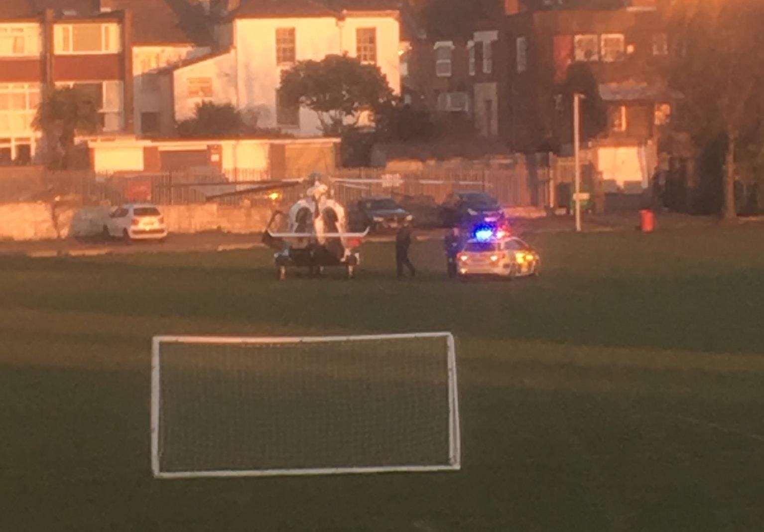 The air ambulance had to land on a cricket pitch, off Wrotham Road, Gravesend. Picture: @WBowle (7448037)
