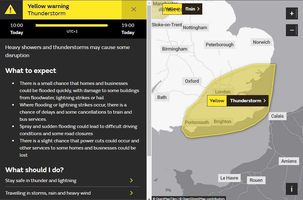 The Met Office has issued a yellow weather warning for Kent. Picture: Met Office