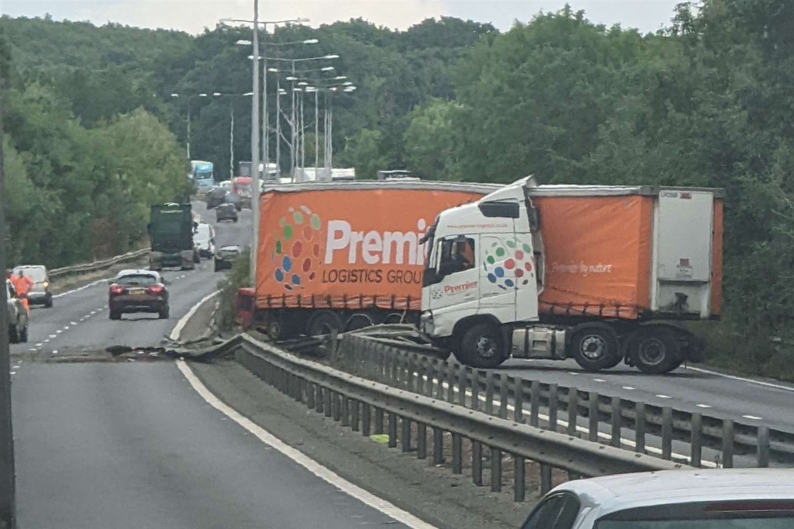 The jackknifed lorry on the A2