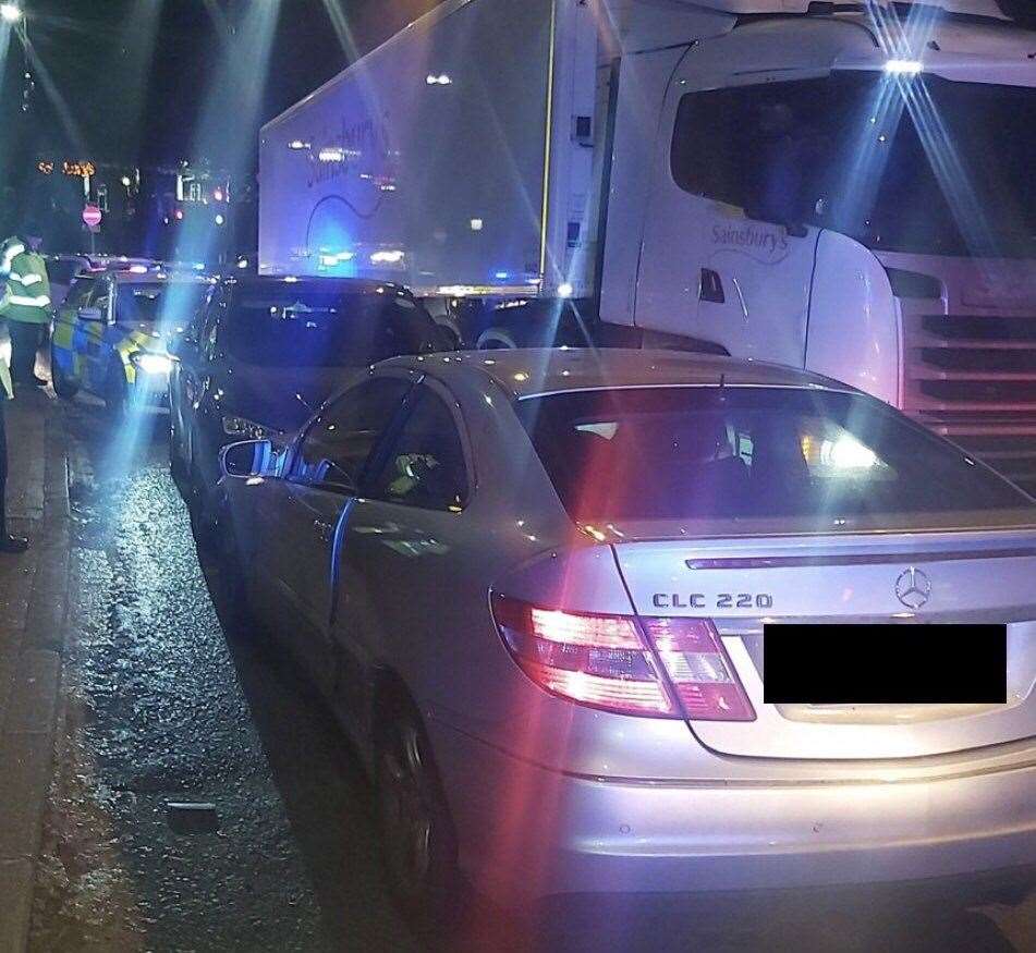 Police eventually stopped a Mercedes which allegedly failed to stop for officers near Gillingham and sped off along the M2. A driver was later arrested near Greenwich after the police helicopter helped track down the car. Picture: Kent Police
