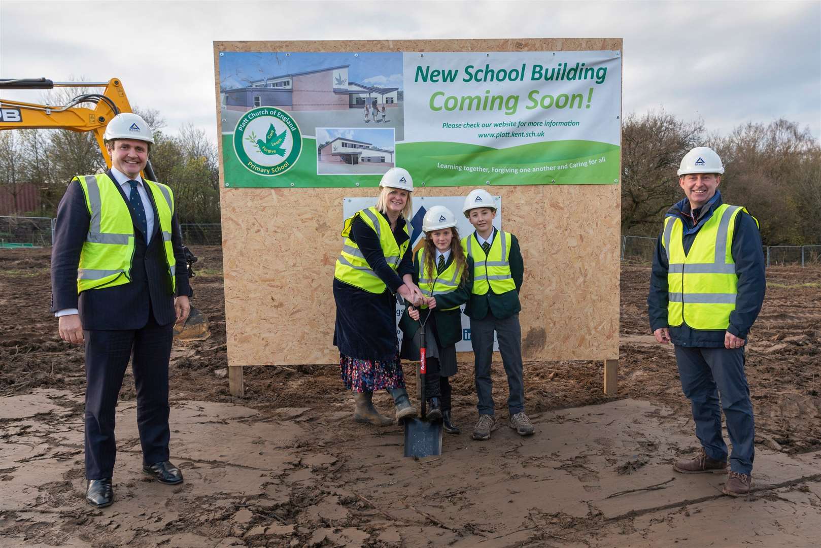 Ground-breaking ceremony at new Platt Primary School site with Tonbridge and Malling MP Tom Tugendhat, head teacher Jenna Crittenden, chairman of governors Paul Vallance, and the schools’ head boy Philip and head girl Lucy