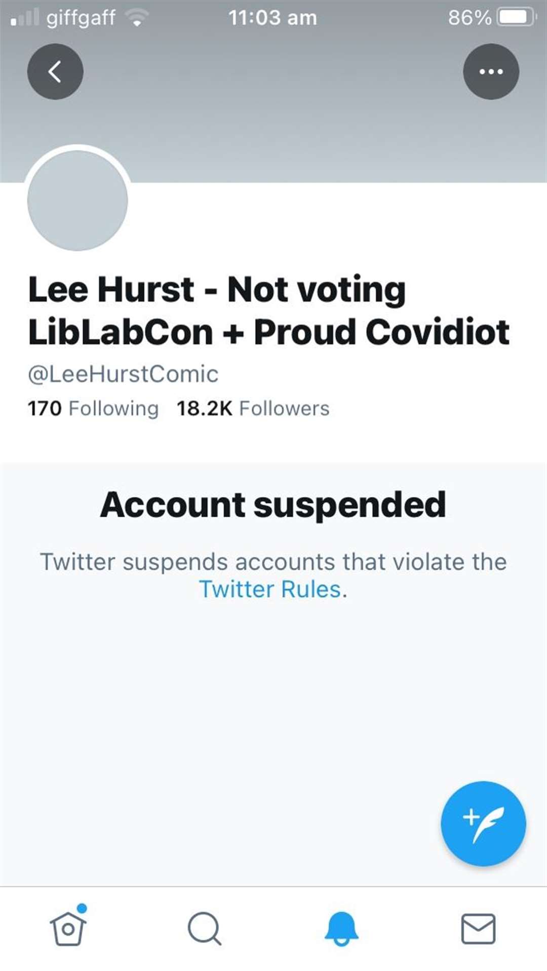 Lee Hurst's account suspended by Twitter following his comment about the attack on the Government's chief medical officer Chris Whitty