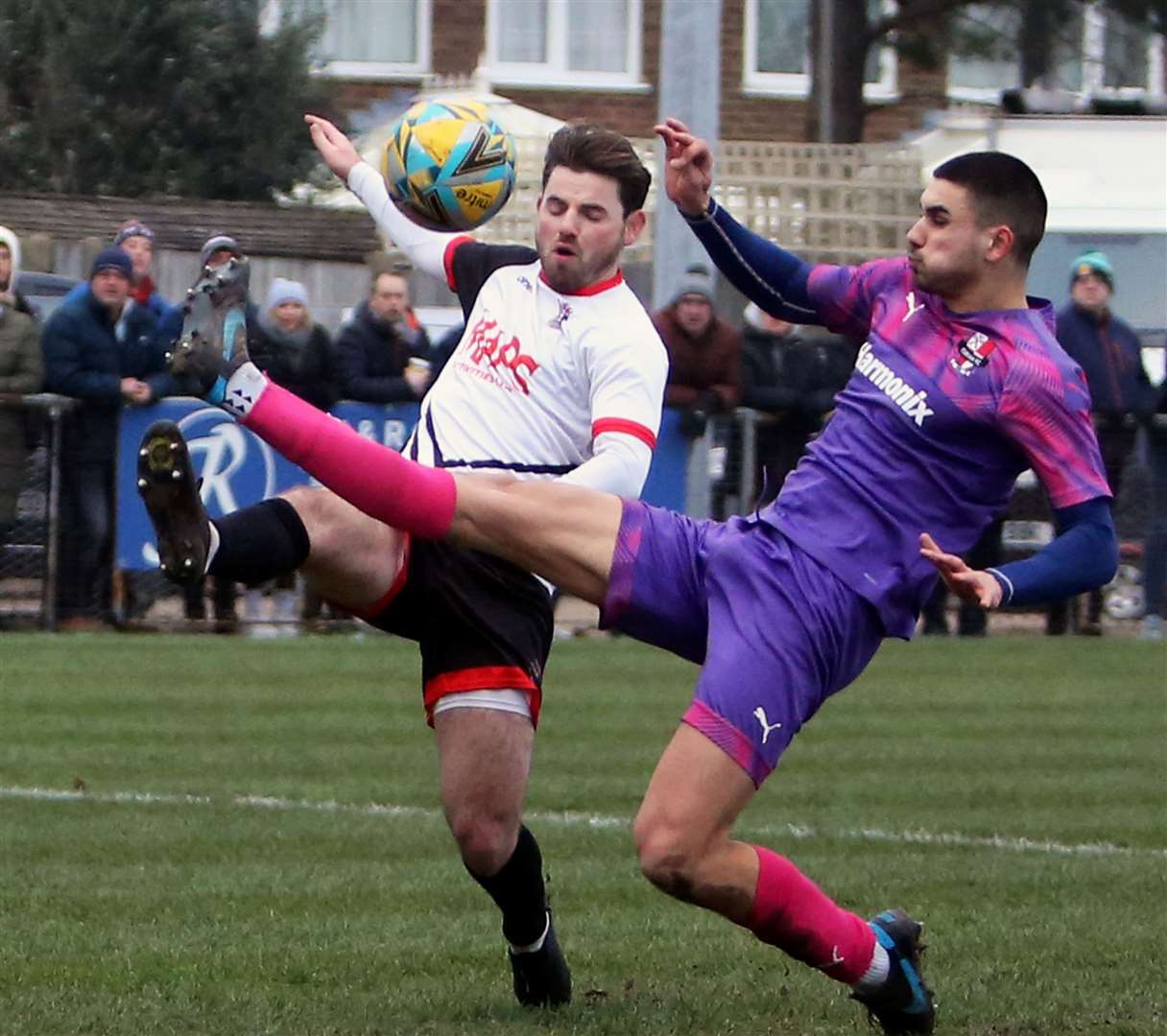 Deal debutant Ashley Miller is denied by a last-gasp challenge in Saturday’s 2-0 FA Vase victory. Picture: Paul Willmott