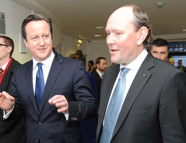 David Cameron with Marcus Breitschwerdt, CEO of Mercedes-Benz, at the firm's UK headquarters in Milton Keynes