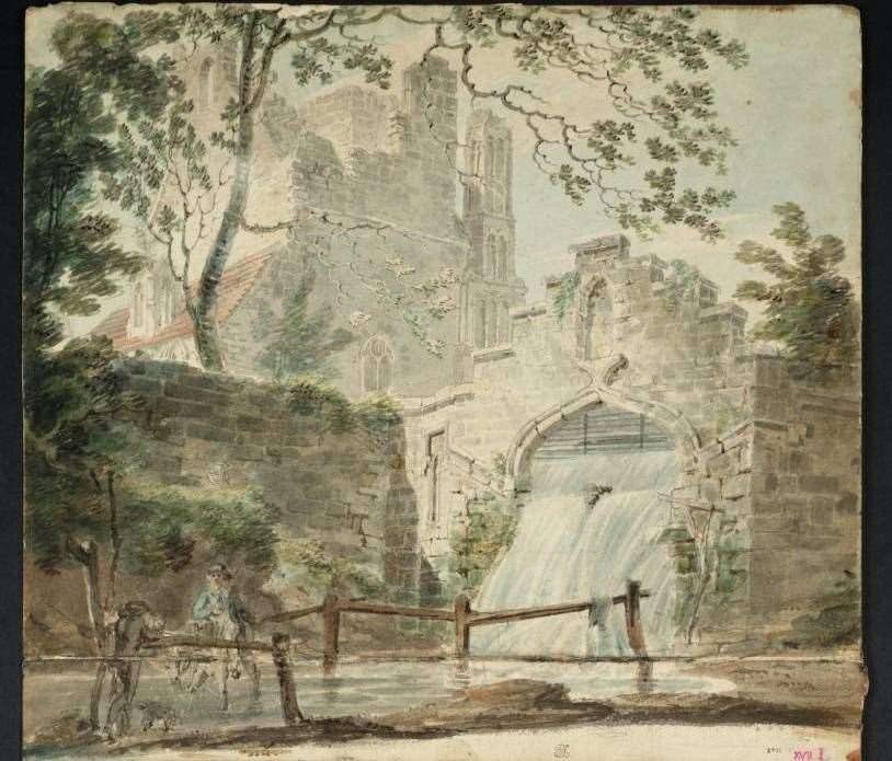 Turner's watercolour, formerly known as The Ruined Tower of an Abbey with a Watergate, is now known to depict the abbey West Malling, Kent, 1791-1792. Copyright Tate Britain Print Room
