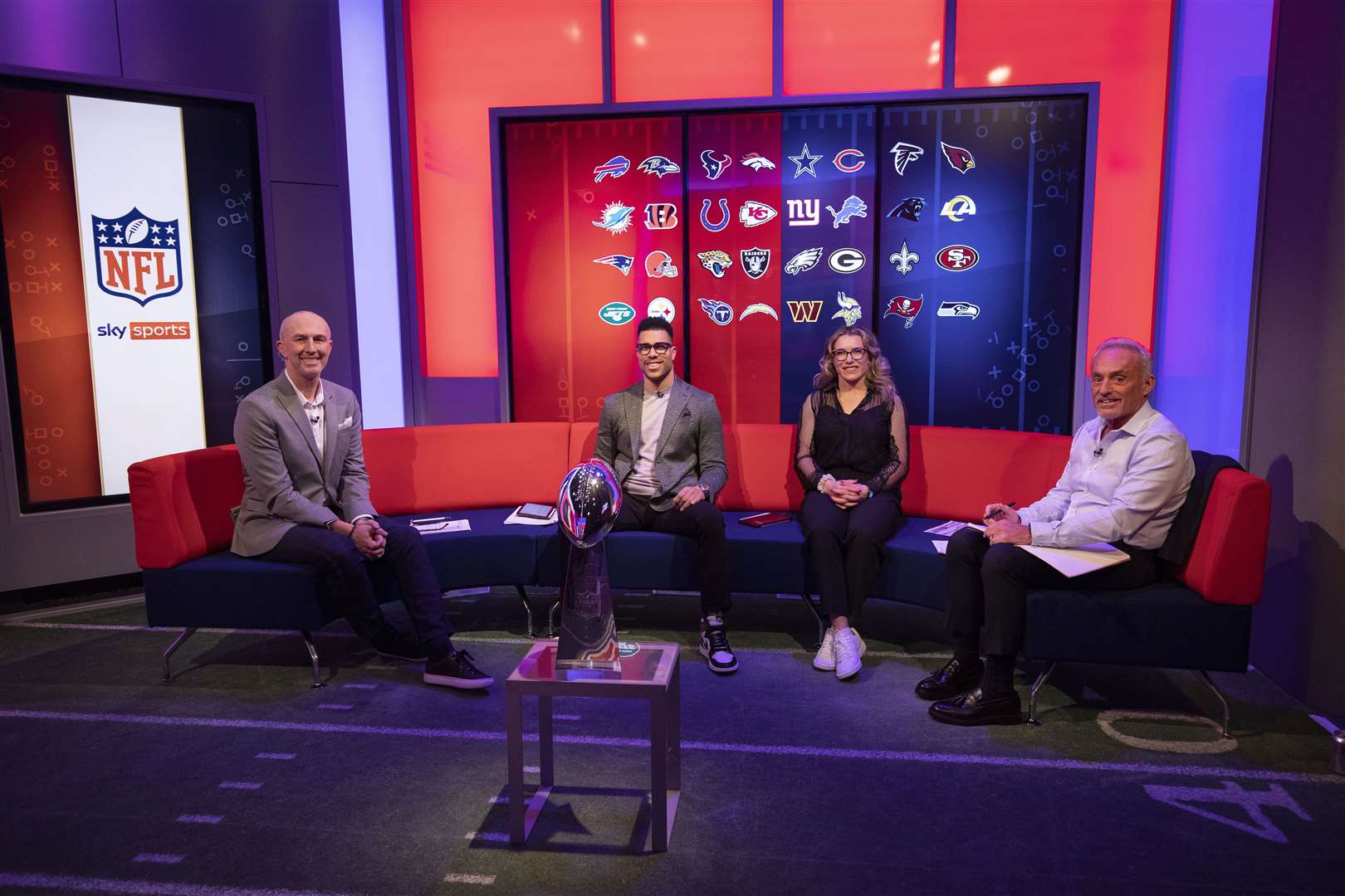 Neil Reynolds, far left, in the Sky Sports NFL studio. Picture: Sky Sports NFL