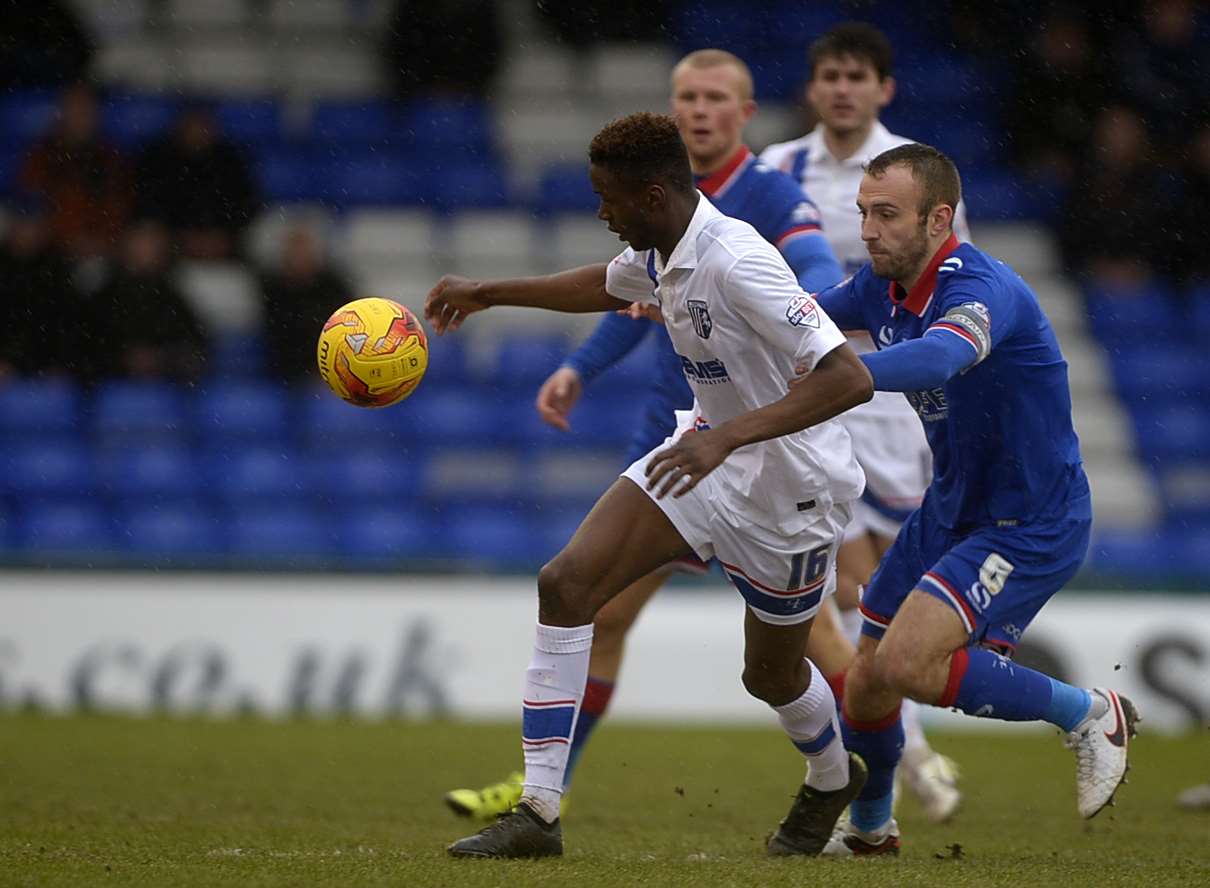 Gillingham's Emmanuel Osadebe in action at Oldham Picture: Barry Goodwin