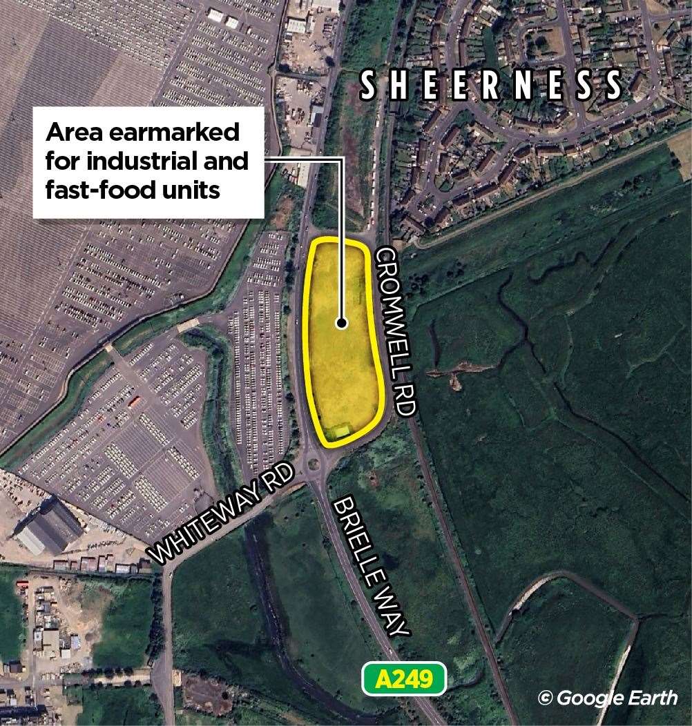 The area earmarked for a new business park and two fast-food drive-thrus. Picture: Google Earth and KM Graphics