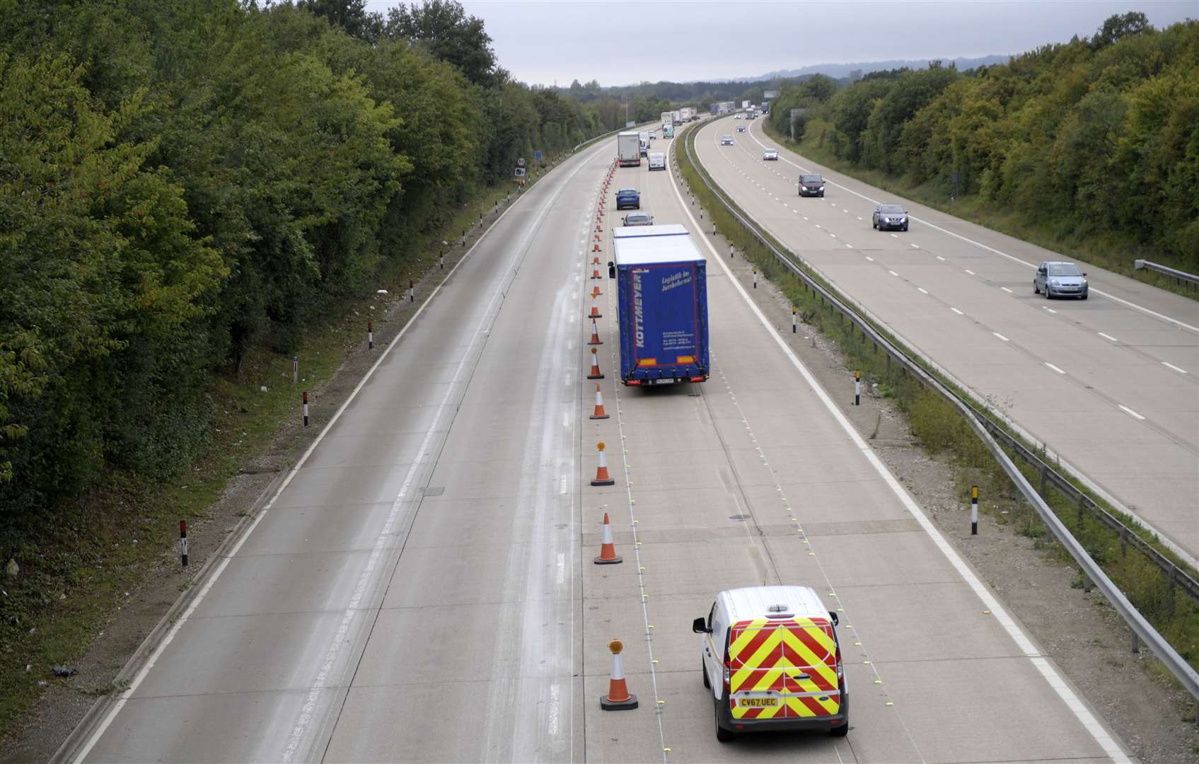 Drivers are having to put up with a 50mph limit and two narrow lanes on the M20. Picture: Barry Goodwin