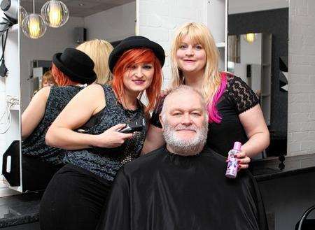 From left, stylist Amie Wallace, John Stockham and salon owner April Norton