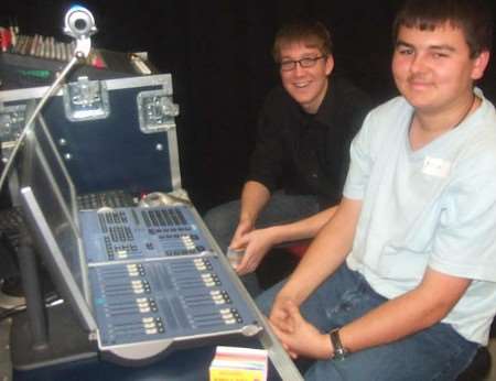 George English and Myles Ratcliffe at the stage lighting desk
