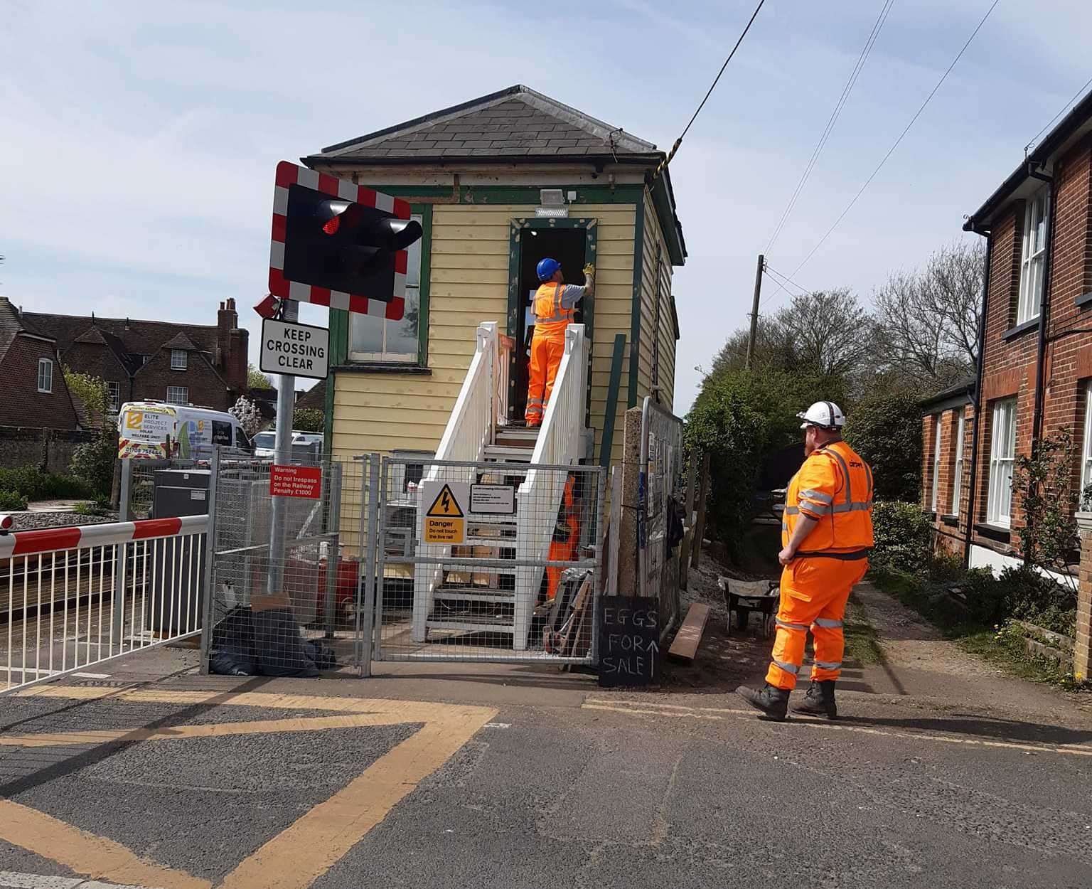 Contractors at work on the Chartham signal box