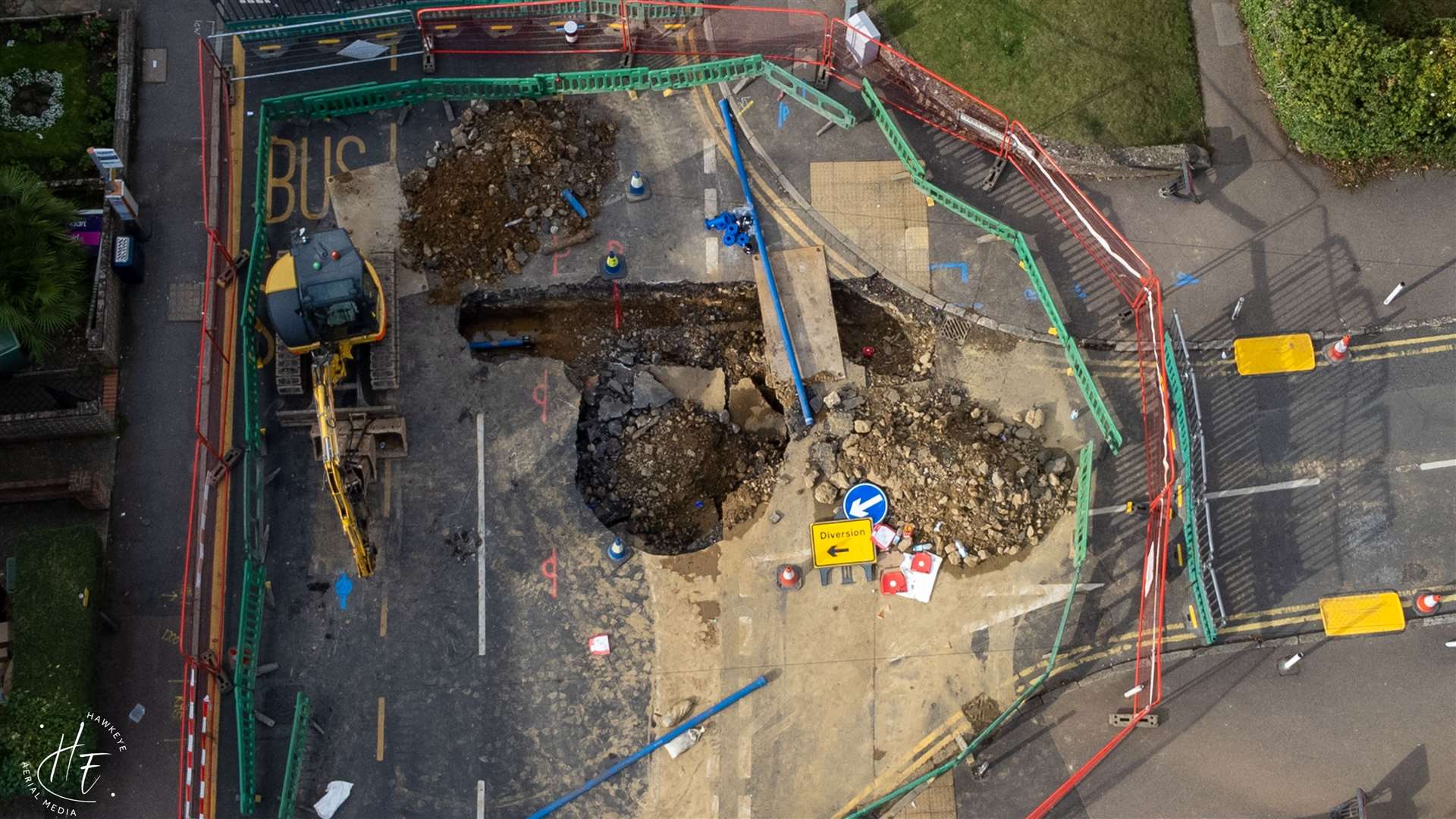 A large sinkhole opened uo on the A26 Tonbridge Road, Maidstone. Picture: Hawkeye Aerial Media