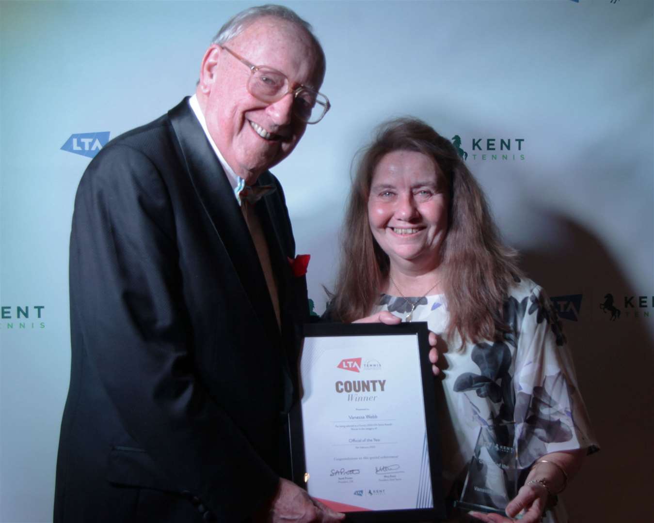 Vanessa Webb, pictured with after-dinner speaker Bob Bevan MBE, was named Kent LTA Official of the Year in February