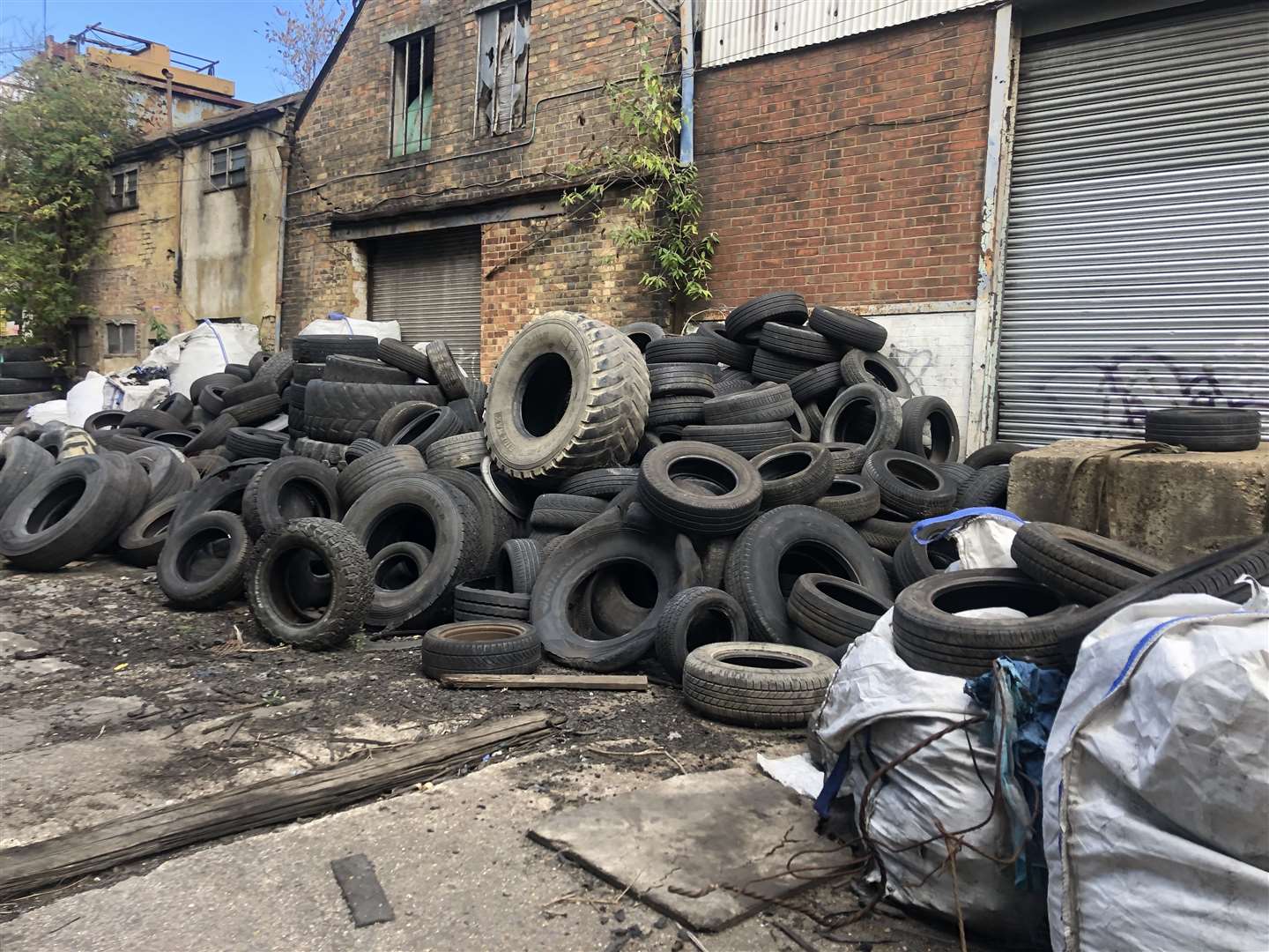 A mountain of tyres has been created further along the path