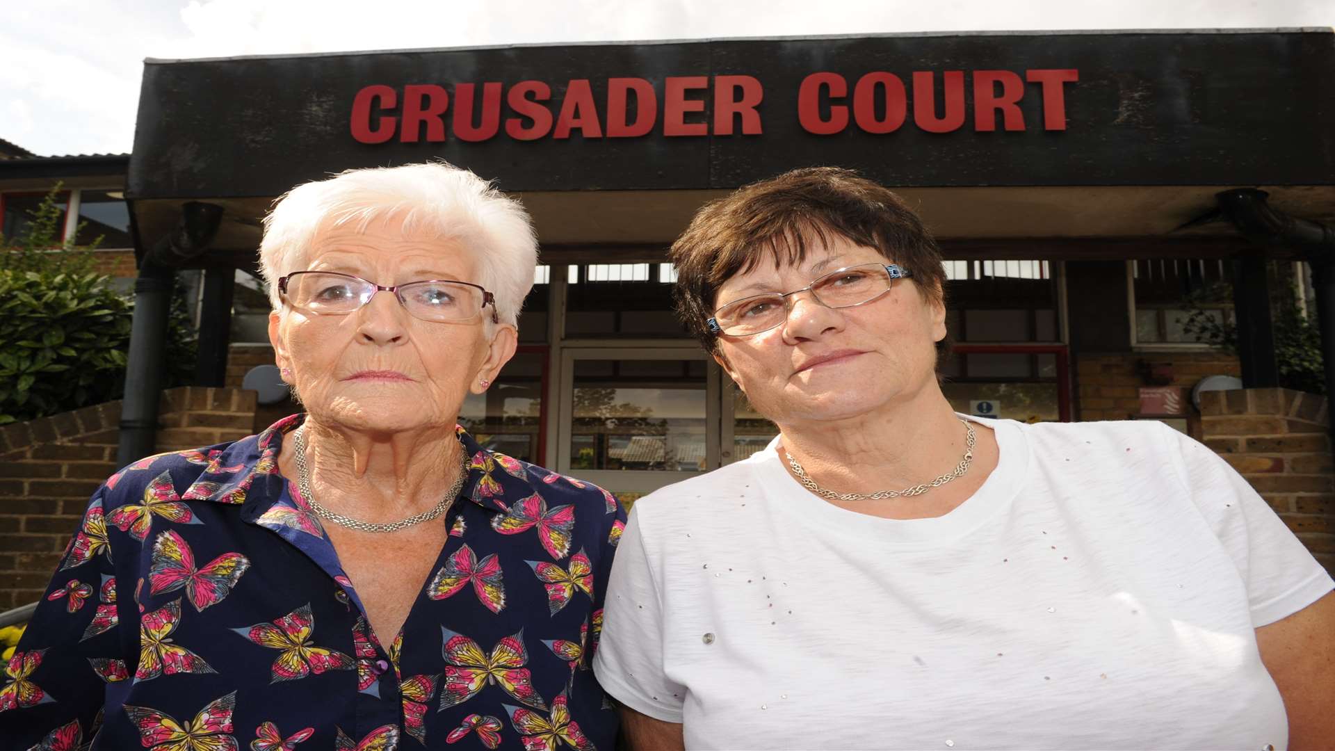 Maureen Chambers and Mel Fox outside Crusader Court. Picture: Steve Crispe