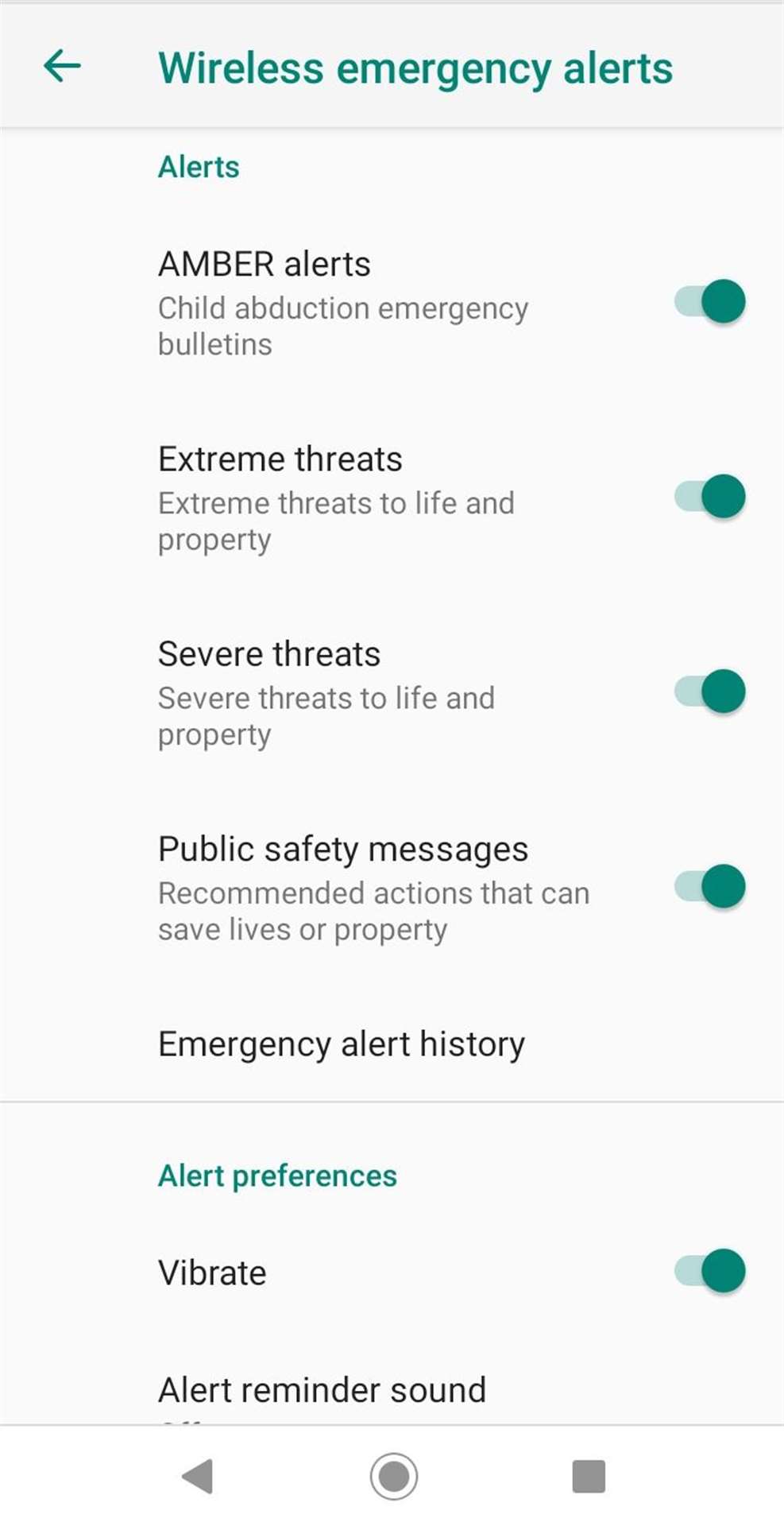 How the Emergency Alerts settings currently appear on an Android device