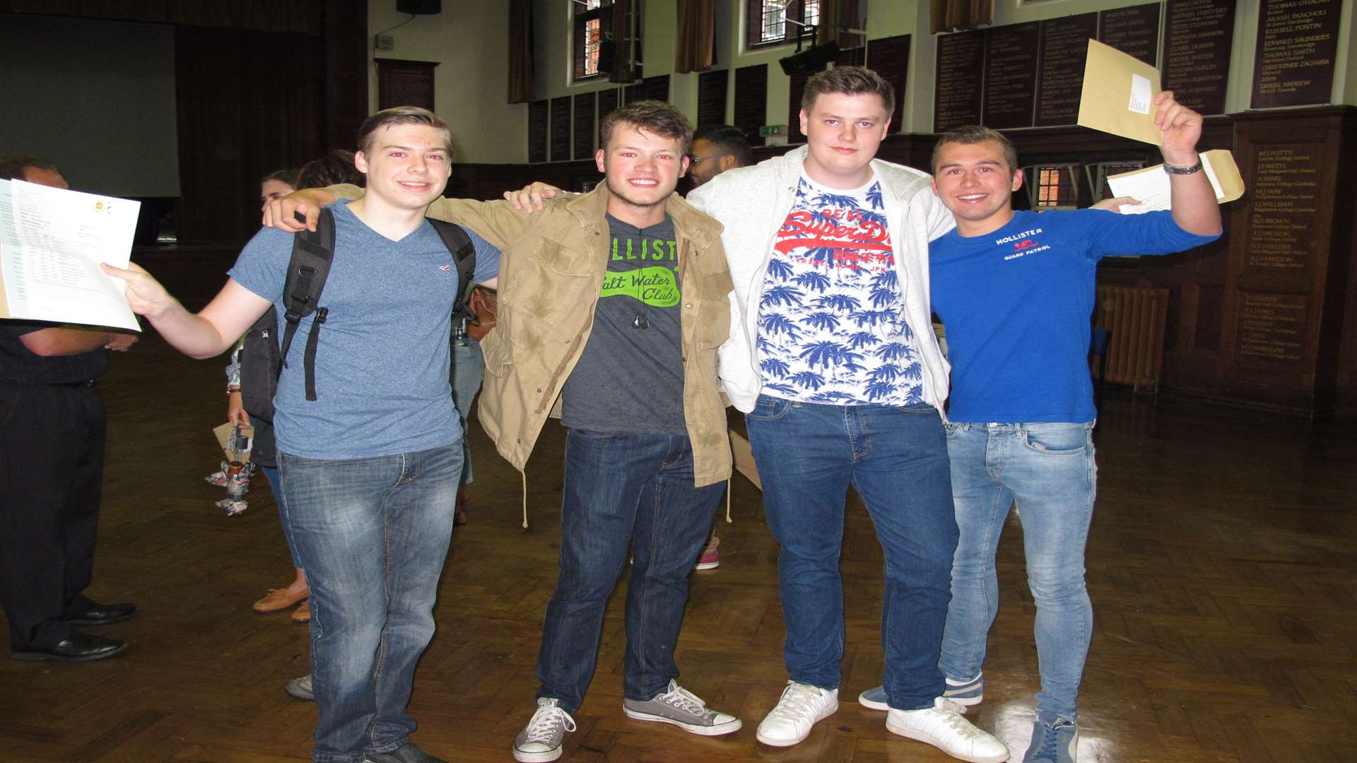 Ross Hunter, George Hage, Tobias Head and Ben Johnston celebrate results at Maidstone Grammar School