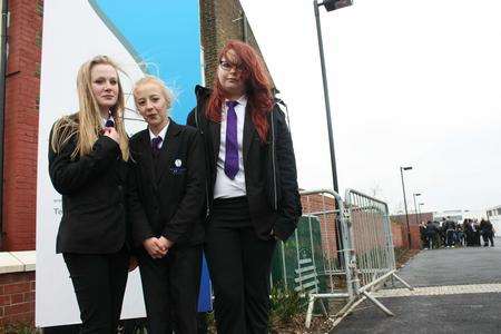 Isle of Sheppey Academy pupils Megan McCarthy, Macey-Lee Tyler and Kaitlain Twitchett were sent home for wearing tight trousers