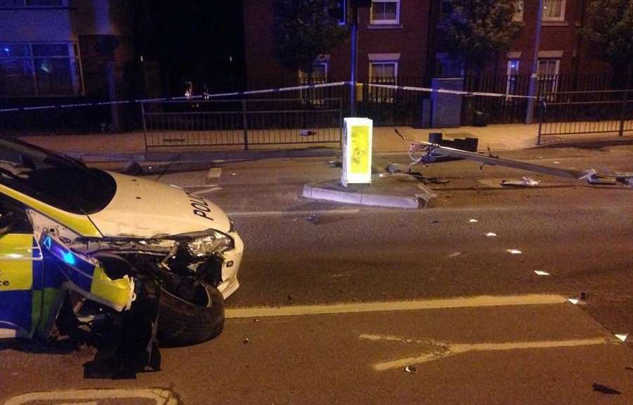 The police car was not responding to a 999 call when it crashed into traffic lights in Sturry Road. Picture: Max Hess