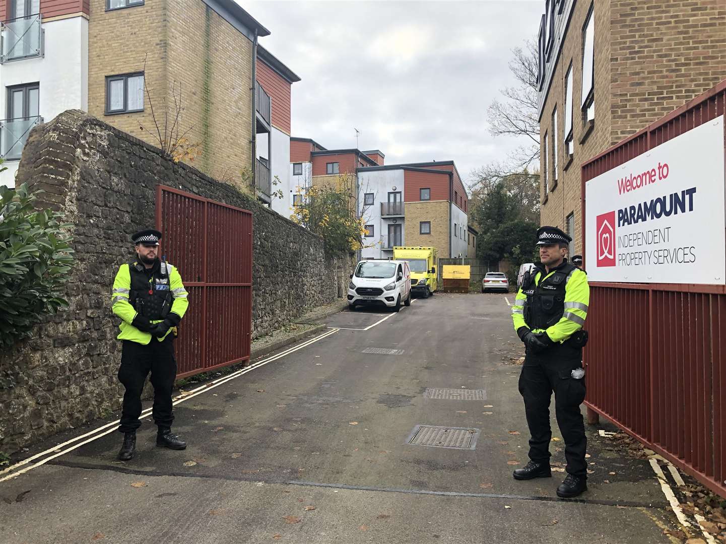 Police stand at the entrance to Chaucer House, Knightrider Street, Maidstone, during a visit from the jury in November