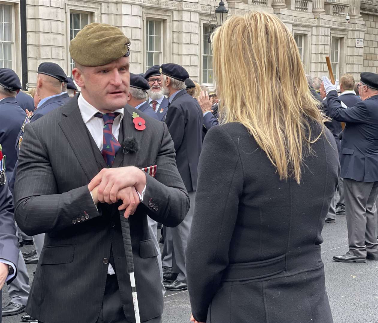 Canterbury veteran Rob Long speaking to Sophie Raworth before he marched at the Cenotaph in 2021