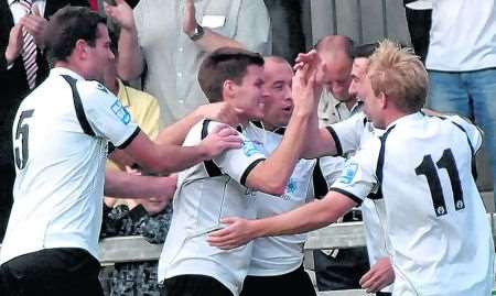 Dartford celebrate a goal against Eastleigh