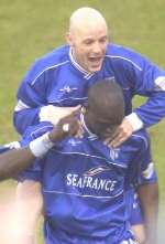 Mamady Sidibe and Paul Shaw celebrate Gillingham's second goal. Picture: GRANT FALVEY