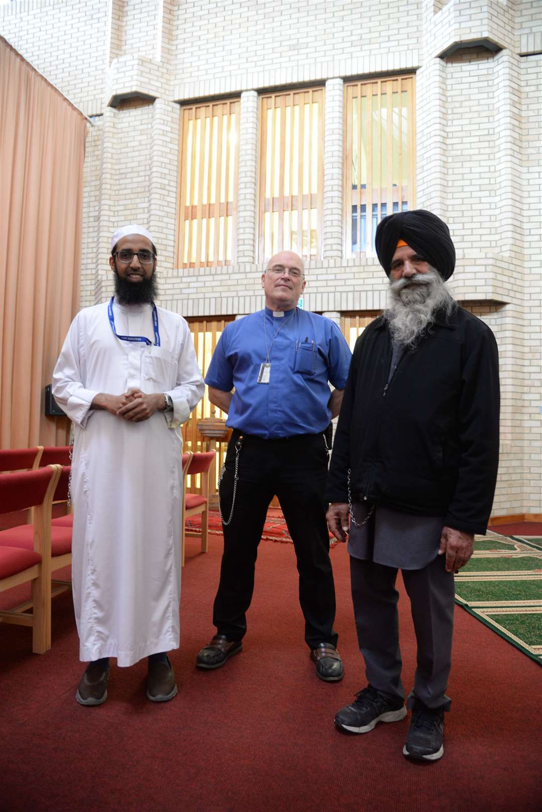 Iman Irfan Patel, the Rev David Fortune and Sikh Chaplain Kabul Singh Sodhi in the multi-faith chapel at HMP Swaleside. Picture: Chris Davey. (8021142)