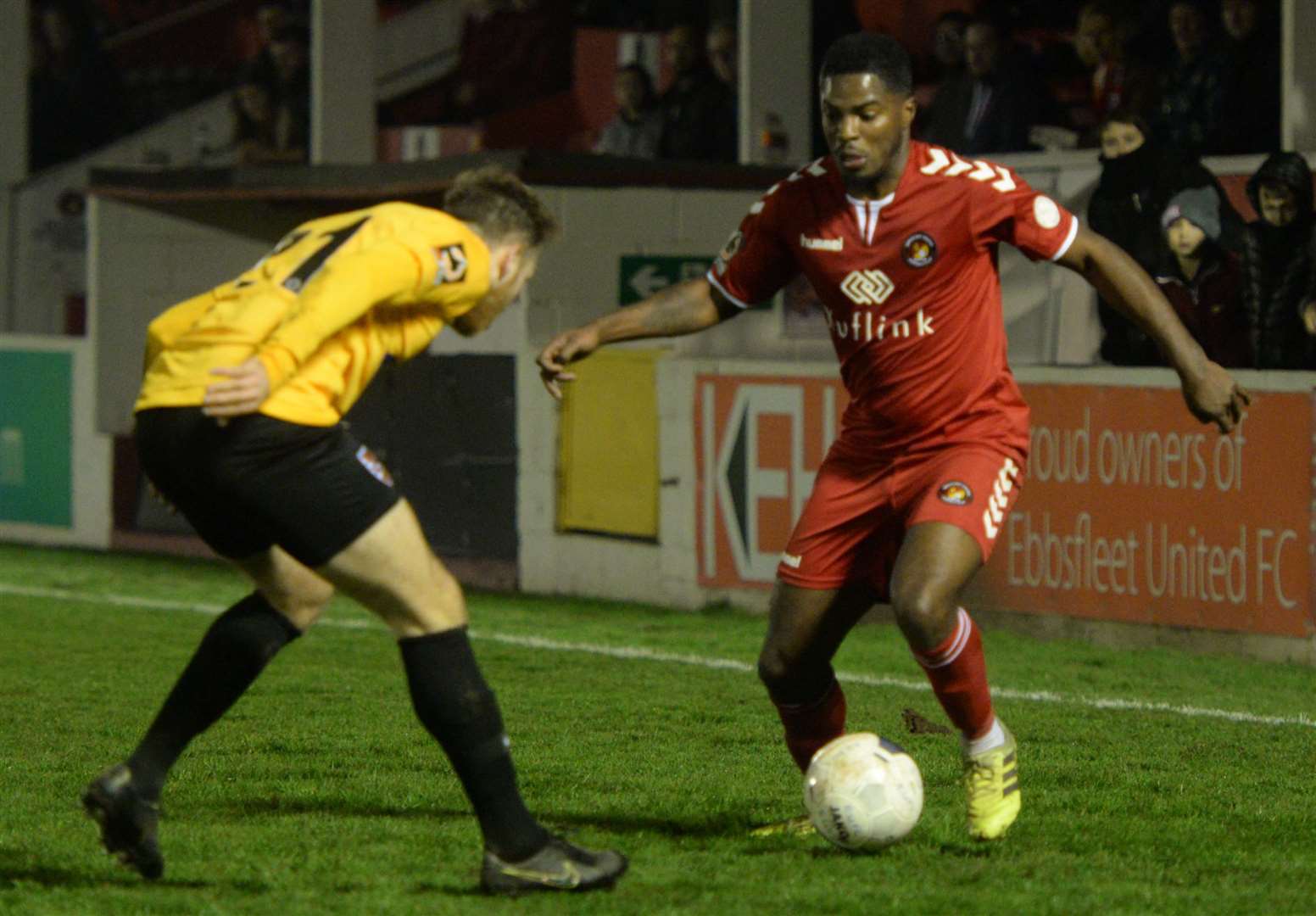 Ebbsfleet's Andre Blackman takes on his man against Dagenham. Picture: Chris Davey FM25676088